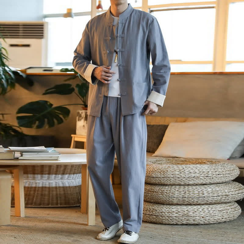 Buddha Stones 2-teiliger Zen-Tang-Anzug für Herren mit Froschknöpfen, langärmeligem Hemd und Hose, mit Taschen - Grau - US/UK/AU44, EU54 (5XL) - image 0