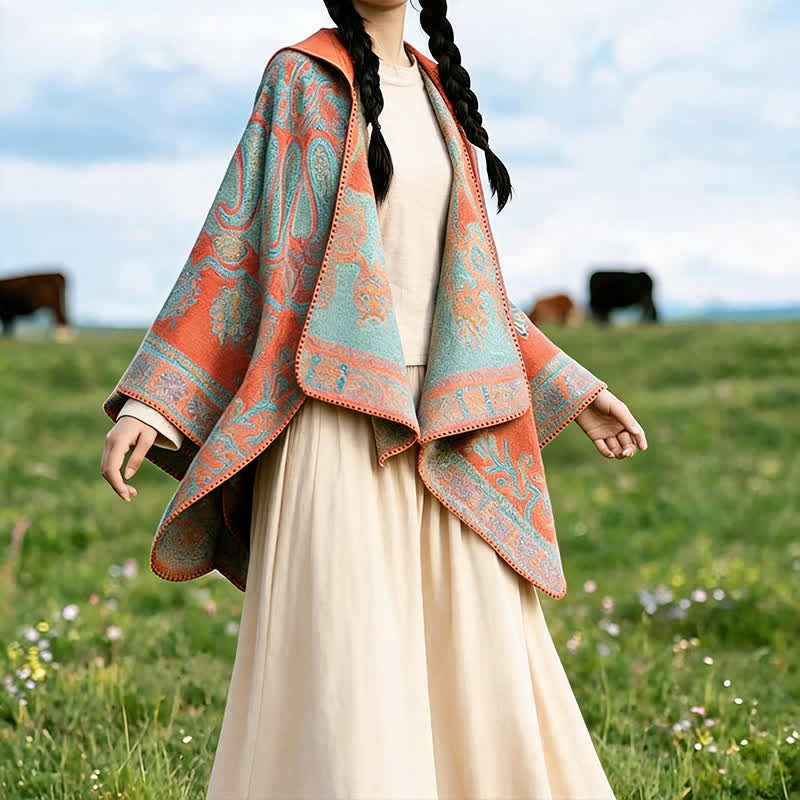 Buddha Stones Herbst Winter Kapuzen-Poncho im Boho-Stil mit Paisley-Muster und geometrischen Formen - image 1
