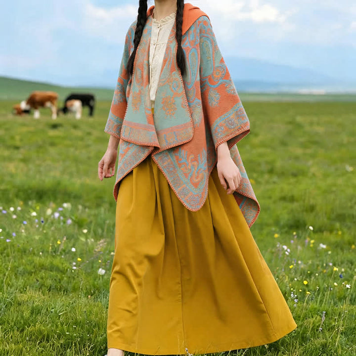 Buddha Stones Herbst Winter Kapuzen-Poncho im Boho-Stil mit Paisley-Muster und geometrischen Formen - image 2