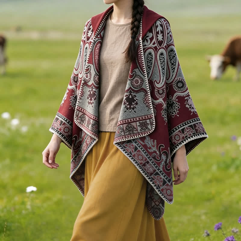 Buddha Stones Herbst Winter Kapuzen-Poncho im Boho-Stil mit Paisley-Muster und geometrischen Formen - image 19