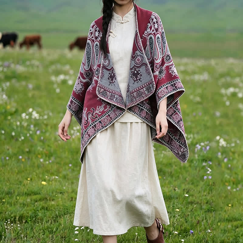 Buddha Stones Herbst Winter Kapuzen-Poncho im Boho-Stil mit Paisley-Muster und geometrischen Formen - image 20