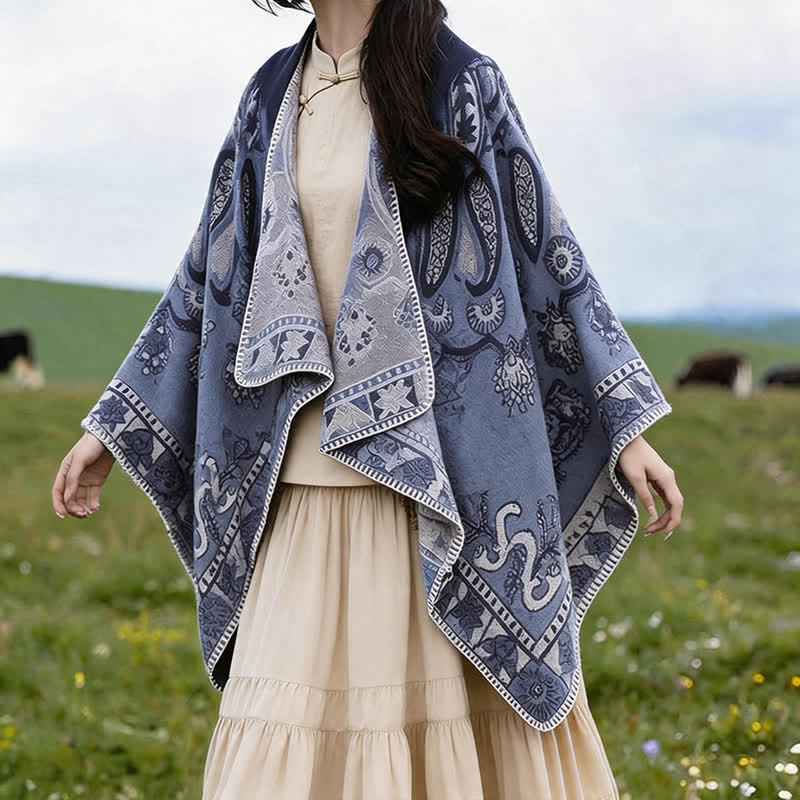 Buddha Stones Herbst Winter Kapuzen-Poncho im Boho-Stil mit Paisley-Muster und geometrischen Formen - image 6