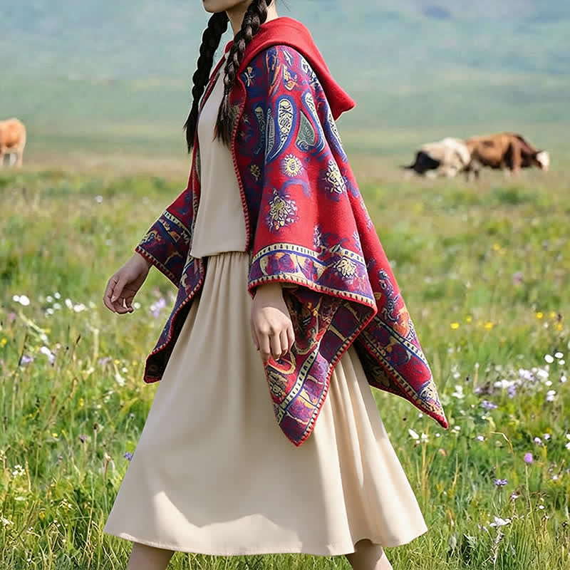 Buddha Stones Herbst Winter Kapuzen-Poncho im Boho-Stil mit Paisley-Muster und geometrischen Formen - image 14