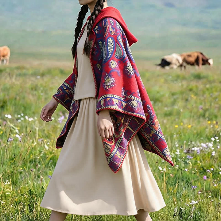 Buddha Stones Herbst Winter Kapuzen-Poncho im Boho-Stil mit Paisley-Muster und geometrischen Formen - image 14