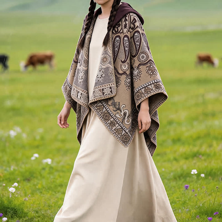 Buddha Stones Herbst Winter Kapuzen-Poncho im Boho-Stil mit Paisley-Muster und geometrischen Formen - image 31