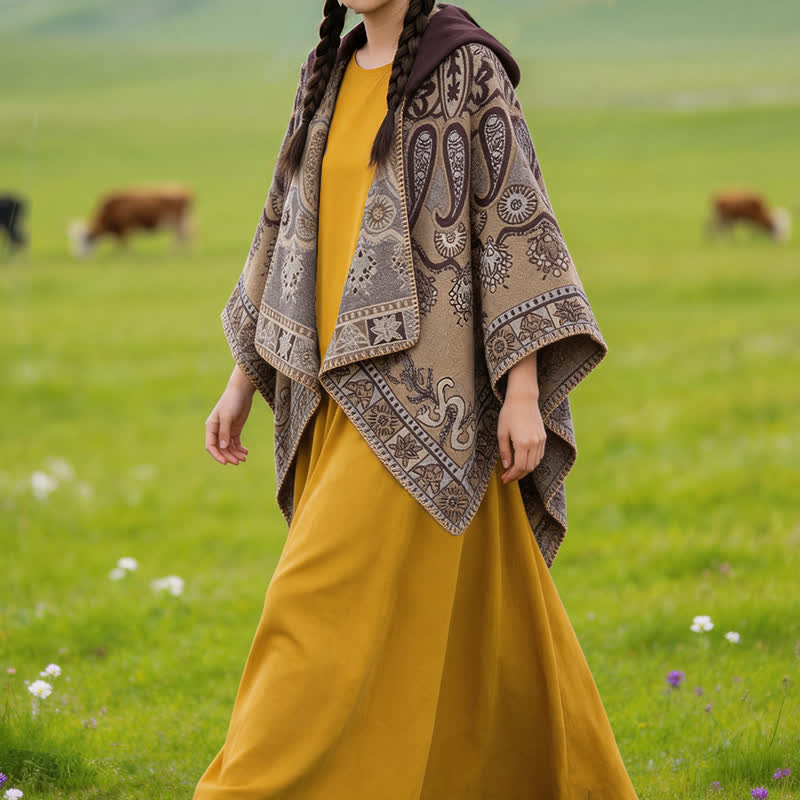 Buddha Stones Herbst Winter Kapuzen-Poncho im Boho-Stil mit Paisley-Muster und geometrischen Formen - image 30