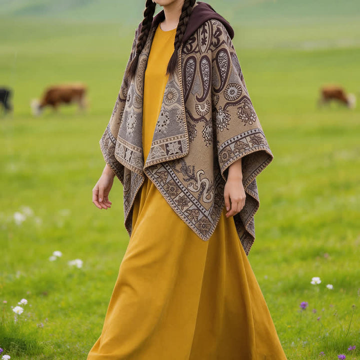 Buddha Stones Herbst Winter Kapuzen-Poncho im Boho-Stil mit Paisley-Muster und geometrischen Formen - image 30