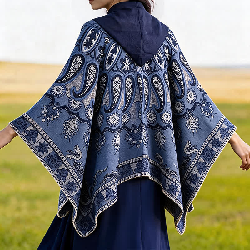 Buddha Stones Herbst Winter Kapuzen-Poncho im Boho-Stil mit Paisley-Muster und geometrischen Formen - image 7