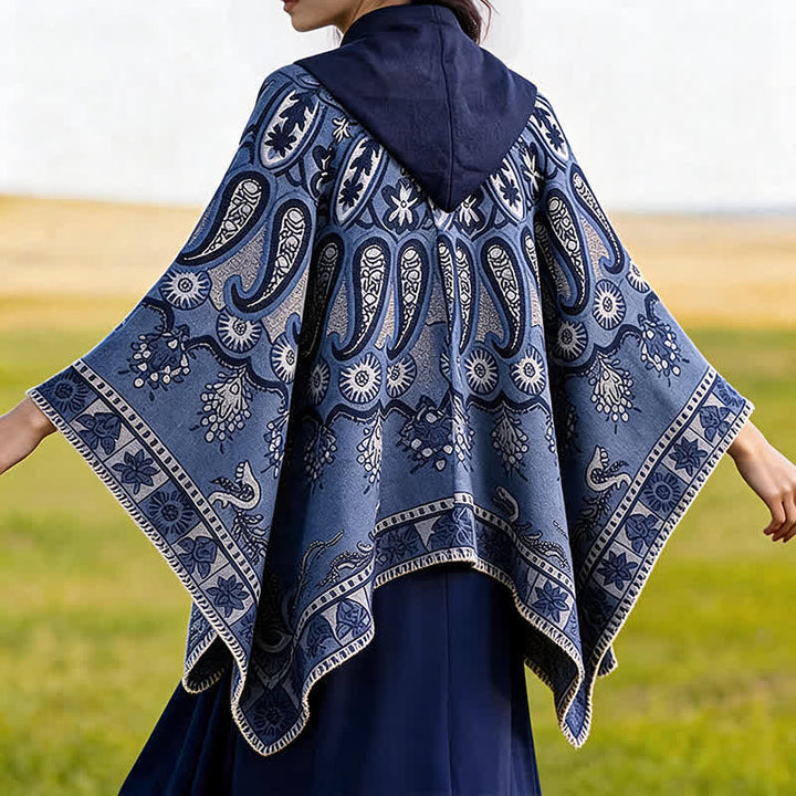 Buddha Stones Herbst Winter Kapuzen-Poncho im Boho-Stil mit Paisley-Muster und geometrischen Formen - image 7