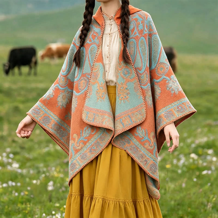 Buddha Stones Herbst Winter Kapuzen-Poncho im Boho-Stil mit Paisley-Muster und geometrischen Formen - Orange - 130 x 150 cm - image 0