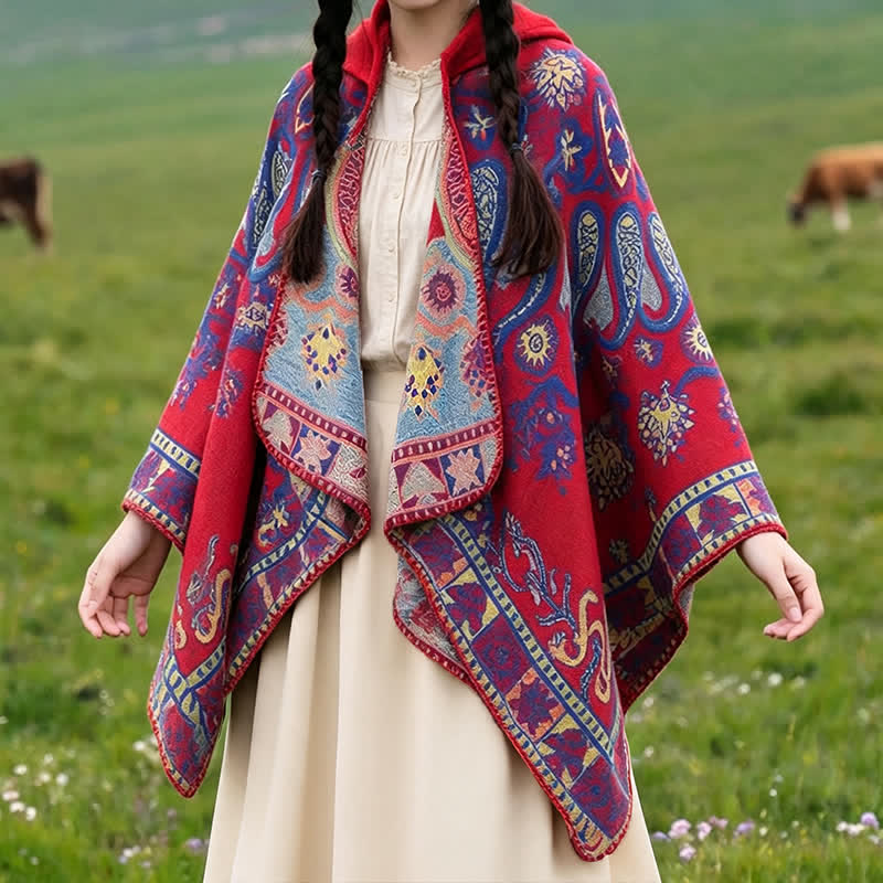 Buddha Stones Herbst Winter Kapuzen-Poncho im Boho-Stil mit Paisley-Muster und geometrischen Formen - image 13