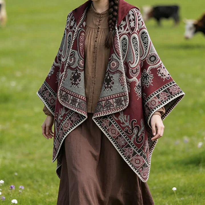 Buddha Stones Herbst Winter Kapuzen-Poncho im Boho-Stil mit Paisley-Muster und geometrischen Formen - image 18