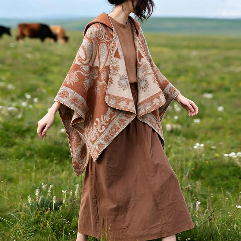 Buddha Stones Herbst Winter Kapuzen-Poncho im Boho-Stil mit Paisley-Muster und geometrischen Formen - image 24