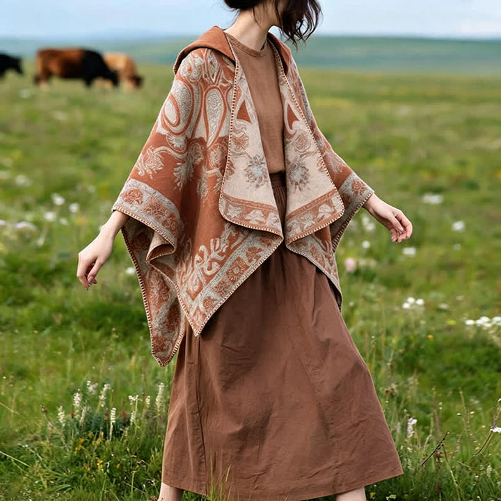 Buddha Stones Herbst Winter Kapuzen-Poncho im Boho-Stil mit Paisley-Muster und geometrischen Formen - image 24