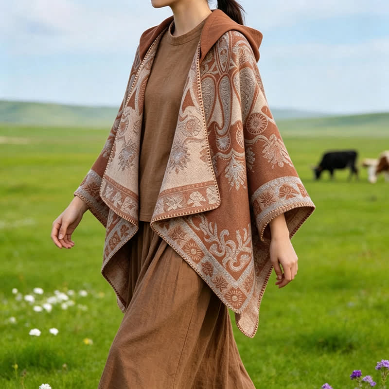Buddha Stones Herbst Winter Kapuzen-Poncho im Boho-Stil mit Paisley-Muster und geometrischen Formen - image 23