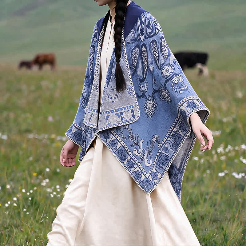Buddha Stones Herbst Winter Kapuzen-Poncho im Boho-Stil mit Paisley-Muster und geometrischen Formen - image 8