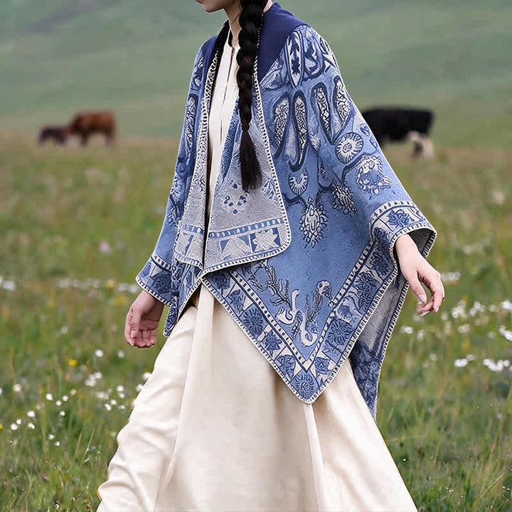 Buddha Stones Herbst Winter Kapuzen-Poncho im Boho-Stil mit Paisley-Muster und geometrischen Formen - image 8