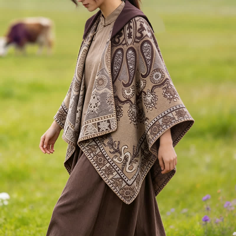 Buddha Stones Herbst Winter Kapuzen-Poncho im Boho-Stil mit Paisley-Muster und geometrischen Formen - image 28