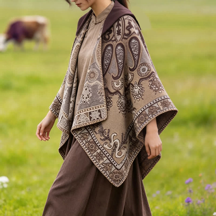 Buddha Stones Herbst Winter Kapuzen-Poncho im Boho-Stil mit Paisley-Muster und geometrischen Formen - image 28