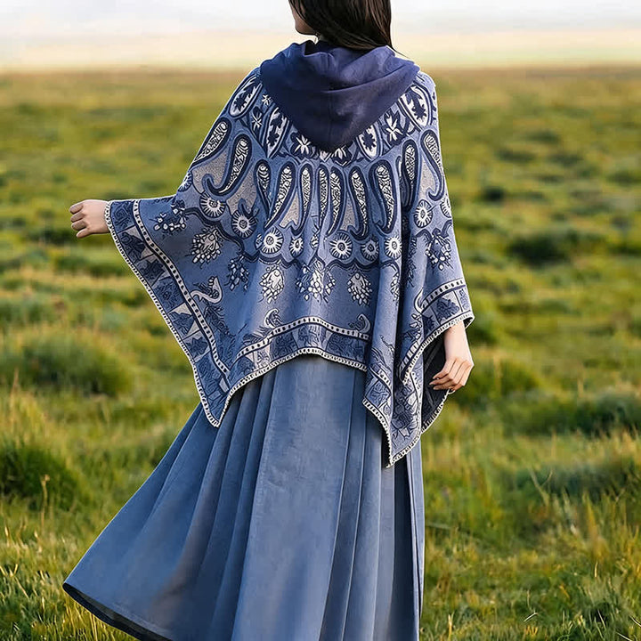 Buddha Stones Herbst Winter Kapuzen-Poncho im Boho-Stil mit Paisley-Muster und geometrischen Formen - image 9