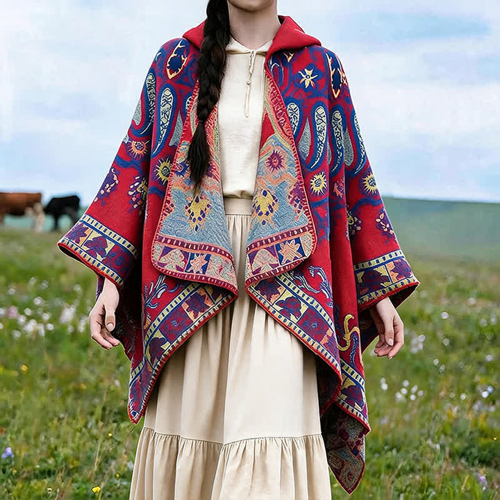 Buddha Stones Herbst Winter Kapuzen-Poncho im Boho-Stil mit Paisley-Muster und geometrischen Formen - Purpurrot - 130 x 150 cm - image 12