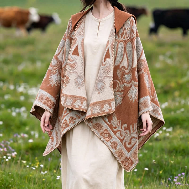 Buddha Stones Herbst Winter Kapuzen-Poncho im Boho-Stil mit Paisley-Muster und geometrischen Formen - SandyBrown - 130 x 150 cm - image 22