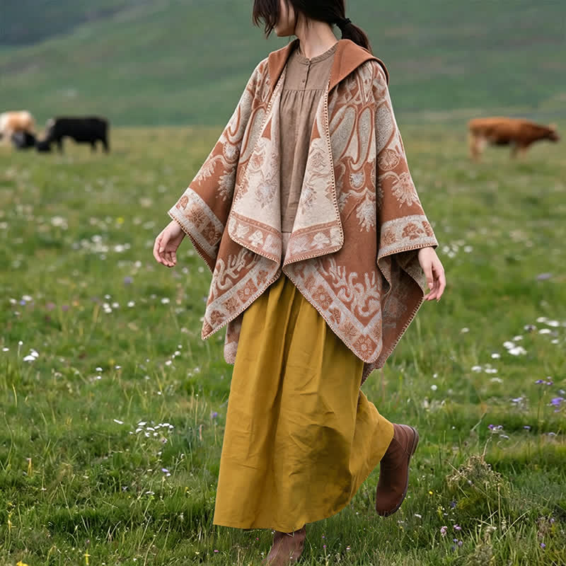 Buddha Stones Herbst Winter Kapuzen-Poncho im Boho-Stil mit Paisley-Muster und geometrischen Formen - image 25