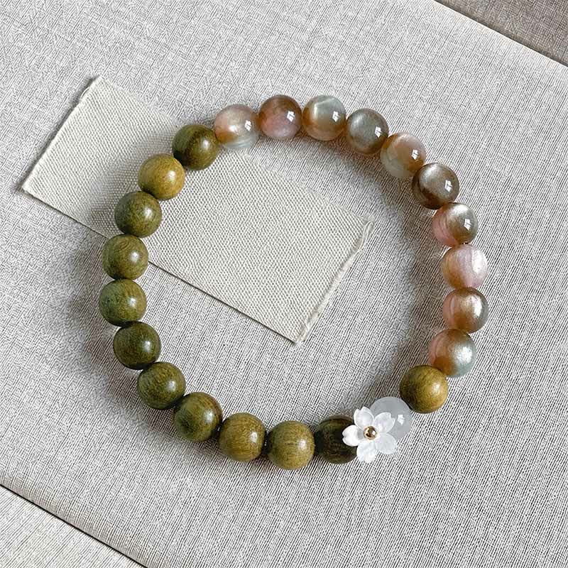 Buddha Stones Armband mit grünem Sandelholz-Katzenaugenblumen-Anhänger - 8 mm große rosa Perlen - image 0