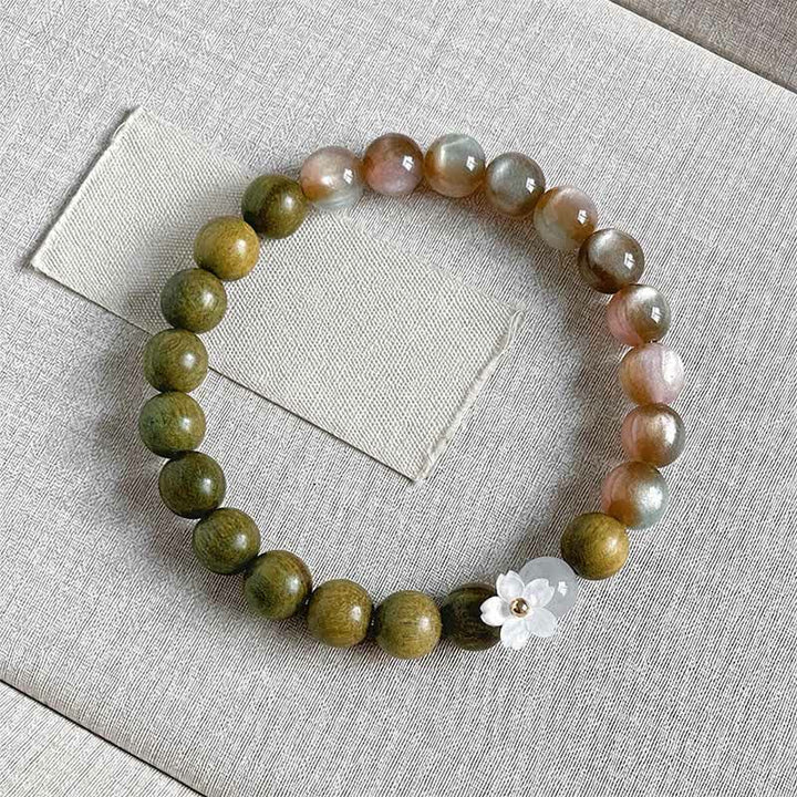 Buddha Stones Armband mit grünem Sandelholz-Katzenaugenblumen-Anhänger - 8 mm große rosa Perlen - image 0