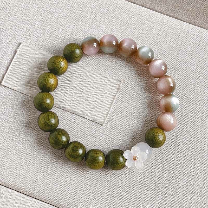 Buddha Stones Armband mit grünem Sandelholz-Katzenaugenblumen-Anhänger - 10 mm große rosa Perlen - image 8