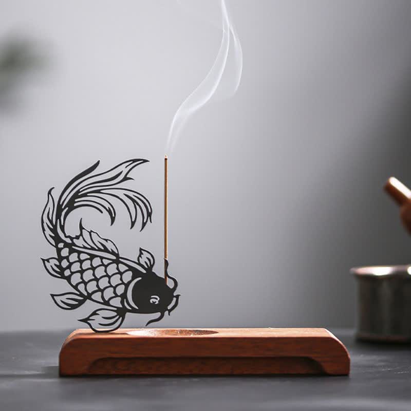 Buddha Stones Räuchergefäß mit Holzsockel und Koi-Fisch-Motiv - Kopf nach unten, Koi-Fisch, langer Schaft - image 2