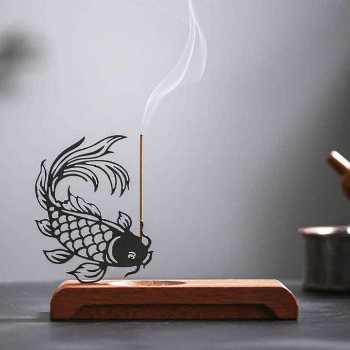 Buddha Stones Räuchergefäß mit Holzsockel und Koi-Fisch-Motiv - Kopf nach unten, Koi-Fisch, langer Schaft - image 2