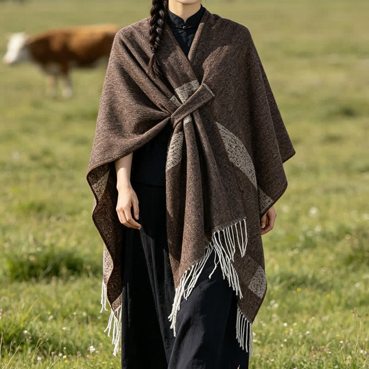 Buddha Stones Herbst-Winter-Schal im Boho-Stil mit Streifen, Quasten und Schnallen - Sienna - 130 x 150 cm - image 0