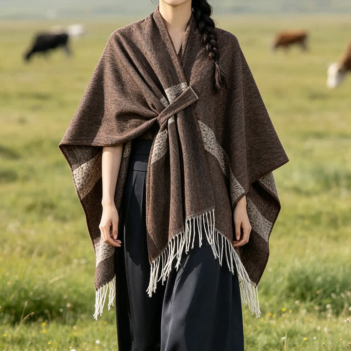 Buddha Stones Herbst-Winter-Schal im Boho-Stil mit Streifen, Quasten und Schnallen - image 3