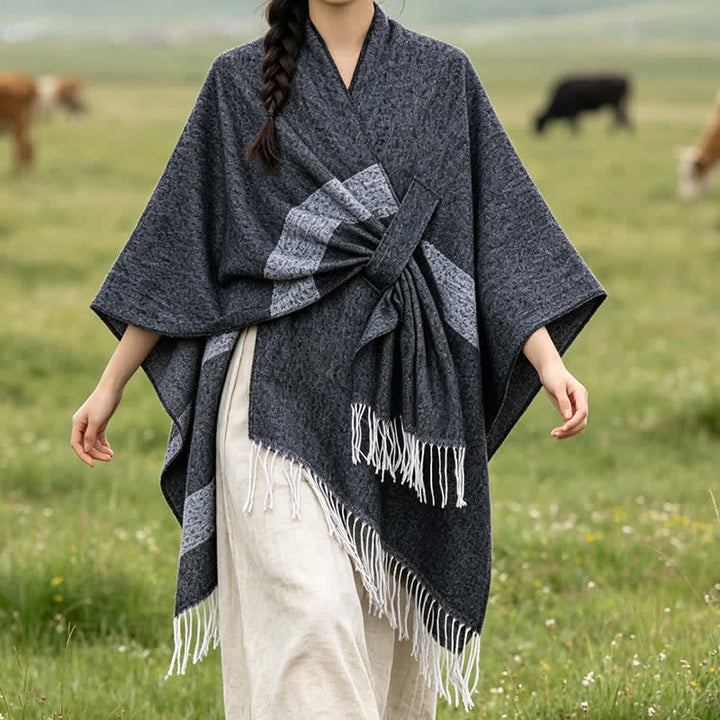 Buddha Stones Herbst-Winter-Schal im Boho-Stil mit Streifen, Quasten und Schnallen - DimGray - 130 x 150 cm - image 11