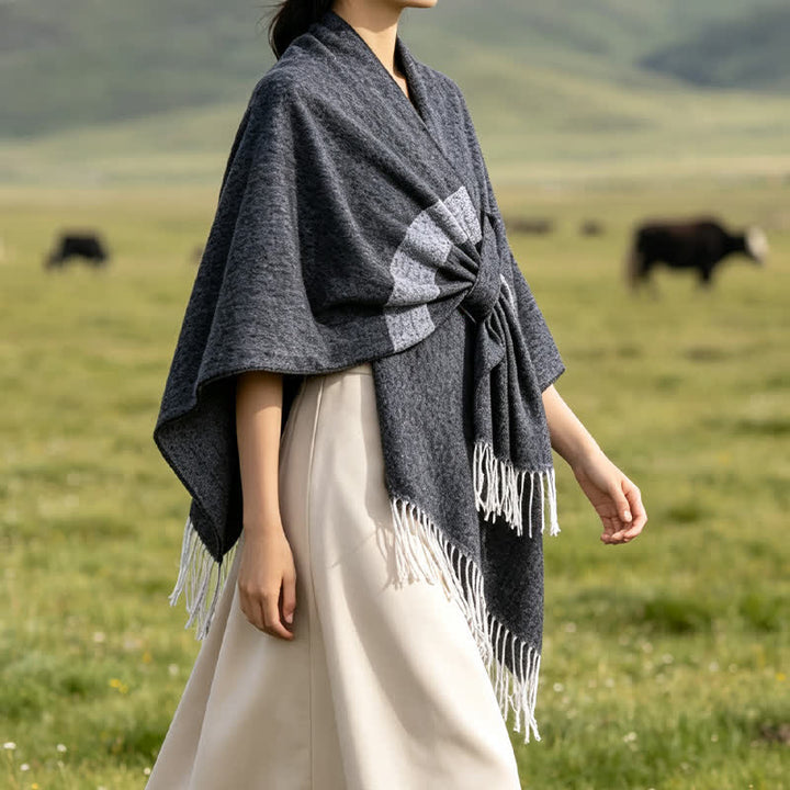 Buddha Stones Herbst-Winter-Schal im Boho-Stil mit Streifen, Quasten und Schnallen - image 12