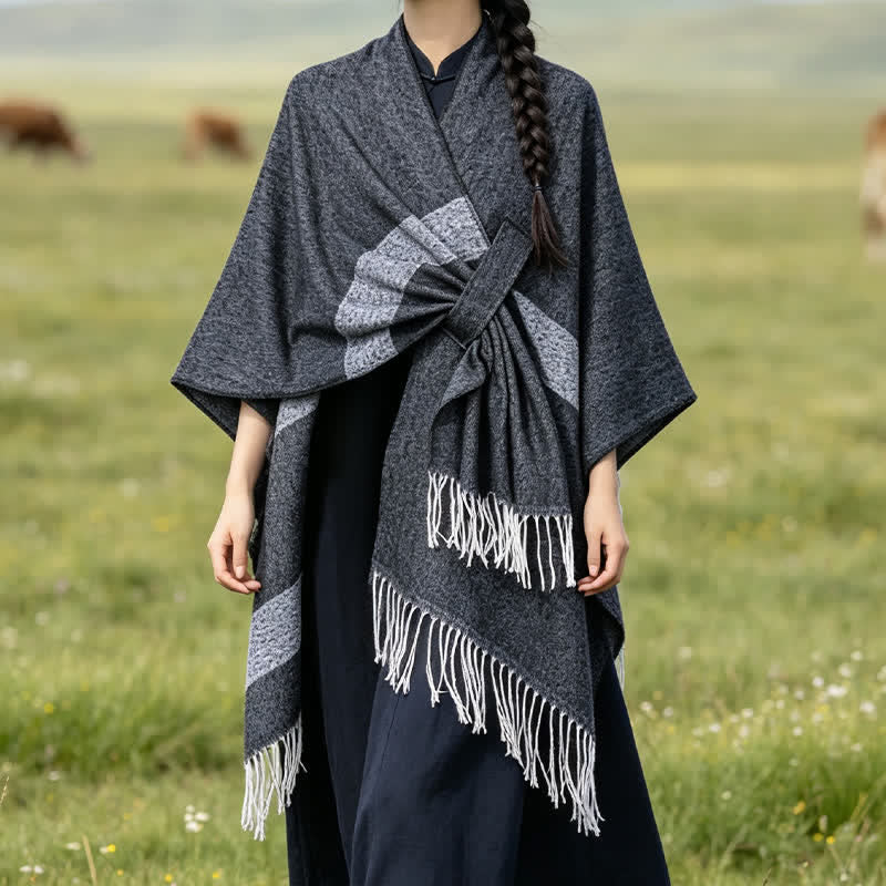 Buddha Stones Herbst-Winter-Schal im Boho-Stil mit Streifen, Quasten und Schnallen - image 14