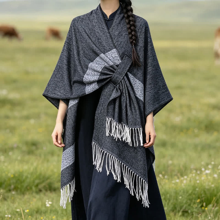 Buddha Stones Herbst-Winter-Schal im Boho-Stil mit Streifen, Quasten und Schnallen - image 14