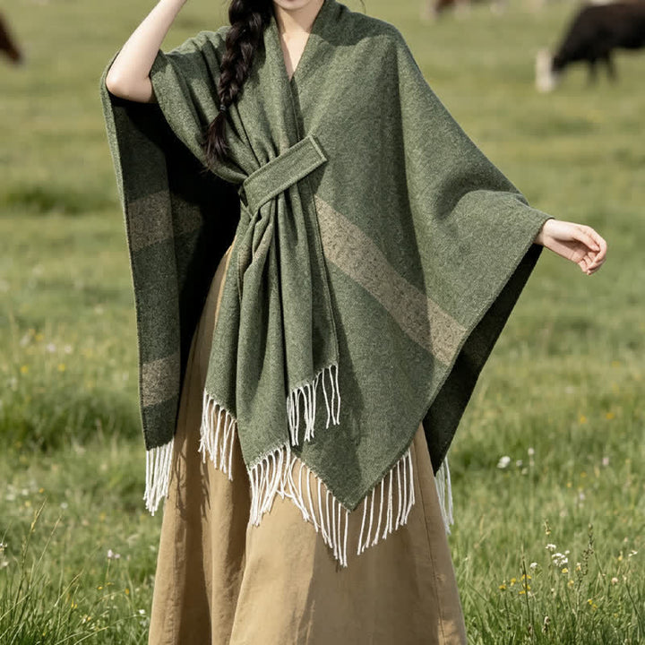 Buddha Stones Herbst-Winter-Schal im Boho-Stil mit Streifen, Quasten und Schnallen - image 18