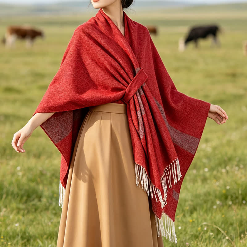 Buddha Stones Herbst-Winter-Schal im Boho-Stil mit Streifen, Quasten und Schnallen - image 24