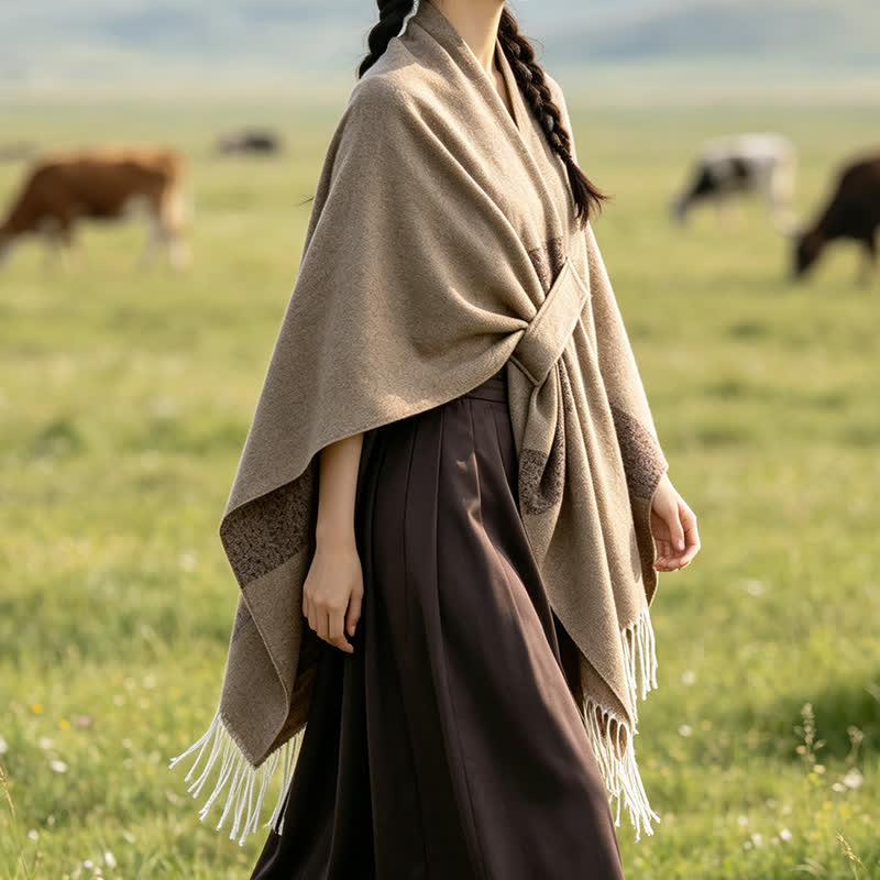 Buddha Stones Herbst-Winter-Schal im Boho-Stil mit Streifen, Quasten und Schnallen - image 30