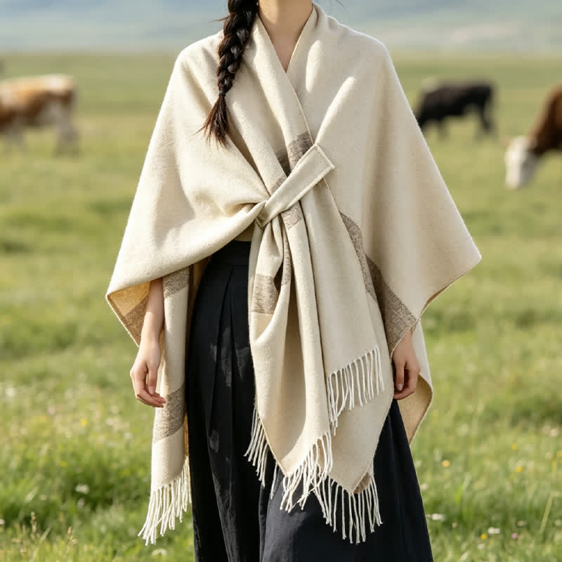 Buddha Stones Herbst-Winter-Schal im Boho-Stil mit Streifen, Quasten und Schnallen - Beige - 130 x 150 cm - image 34