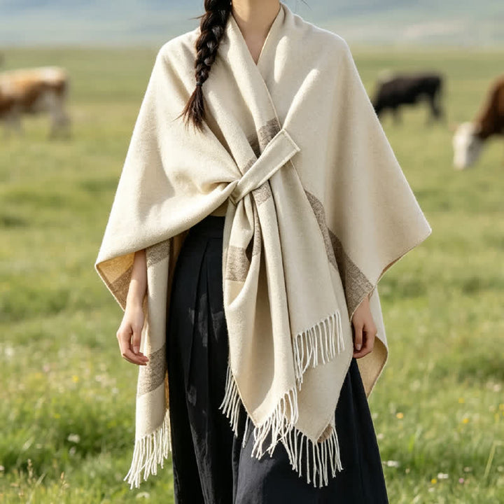 Buddha Stones Herbst-Winter-Schal im Boho-Stil mit Streifen, Quasten und Schnallen - Beige - 130 x 150 cm - image 34