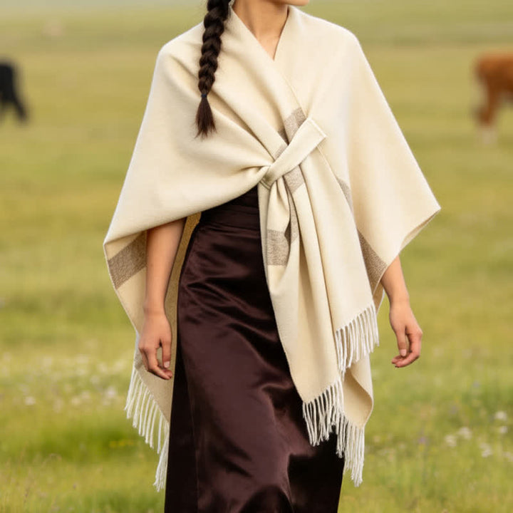 Buddha Stones Herbst-Winter-Schal im Boho-Stil mit Streifen, Quasten und Schnallen - image 37
