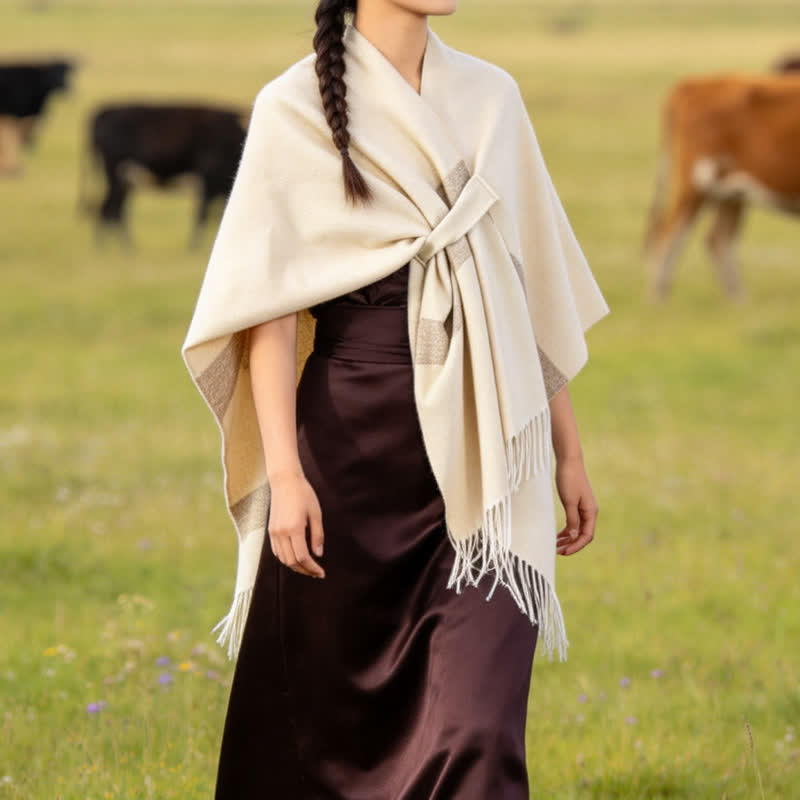 Buddha Stones Herbst-Winter-Schal im Boho-Stil mit Streifen, Quasten und Schnallen - image 35