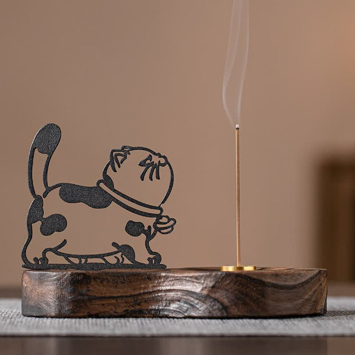 Buddha Stones Vintage Katzenlaterne aus Eisen mit Holzsockel und Meditations-Räuchergefäß - Katzenseitenansicht - image 0