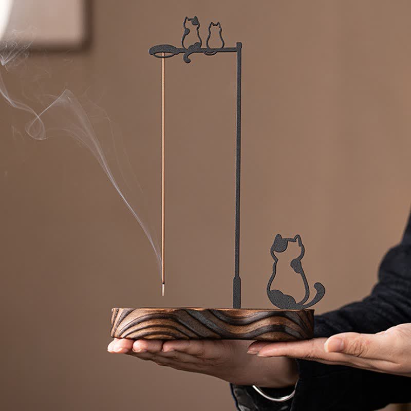 Buddha Stones Räucherstäbchenhalter mit Katzensilhouette aus Holz - image 2