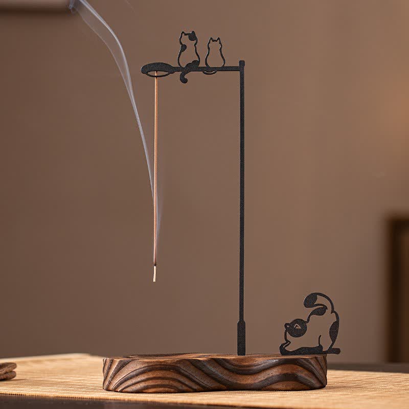 Buddha Stones Räucherstäbchenhalter mit Katzensilhouette aus Holz - Katzen - image 0