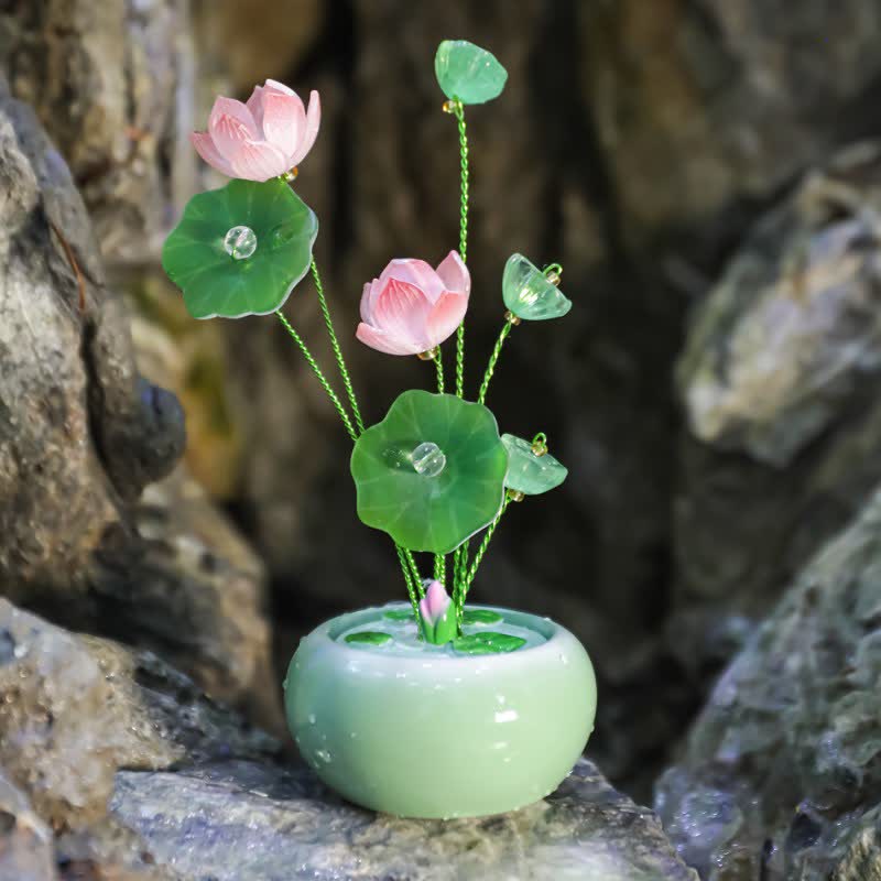 Buddha Stones Duftglas „Lotus Purity Teardrop“ aus Kunstharz – Achtsames Wohnen - Grün - Zwei Lotus - image 0