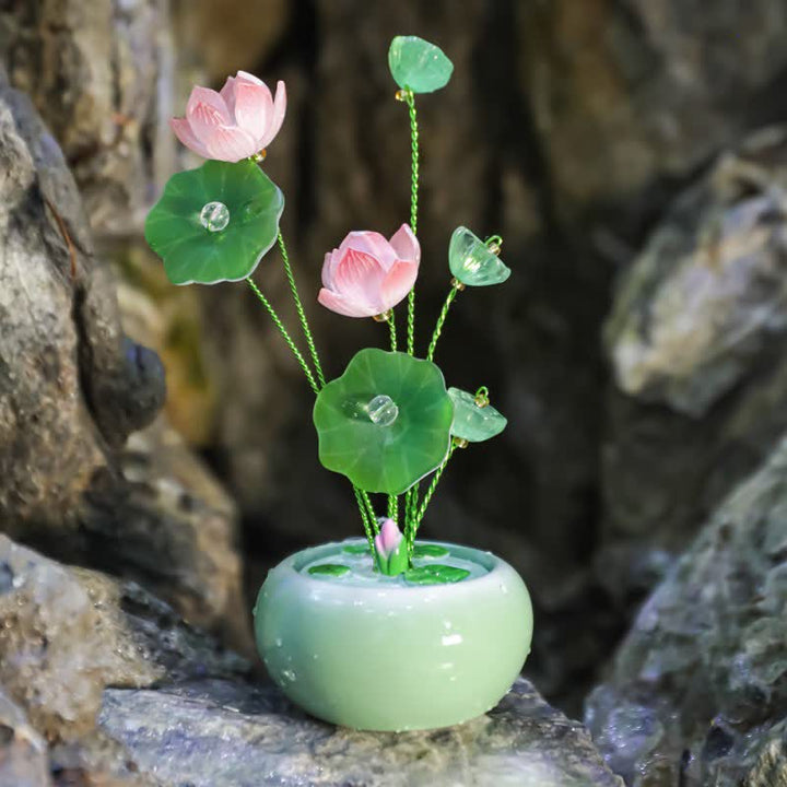 Buddha Stones Duftglas „Lotus Purity Teardrop“ aus Kunstharz – Achtsames Wohnen - Grün - Zwei Lotus - image 0